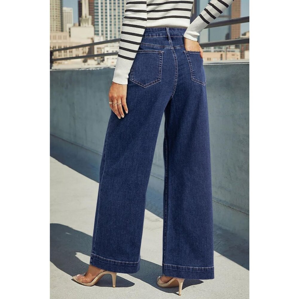 Women's Bluing Waisted Wide Leg Denim Jeans Stretchy Loose Pants with Pockets - Picture 2 of 5